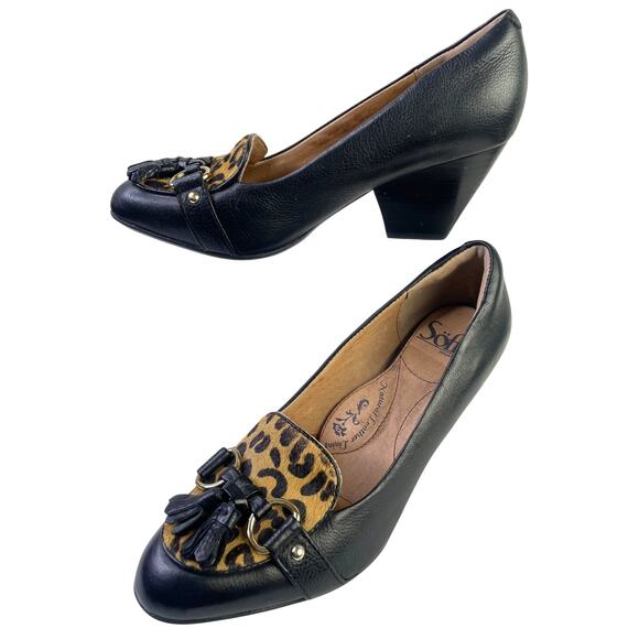 Sofft Womens Black Leopard Leather Pumps 3" Heel Tassles Gold Accents Size 6.5 - Picture 1 of 11